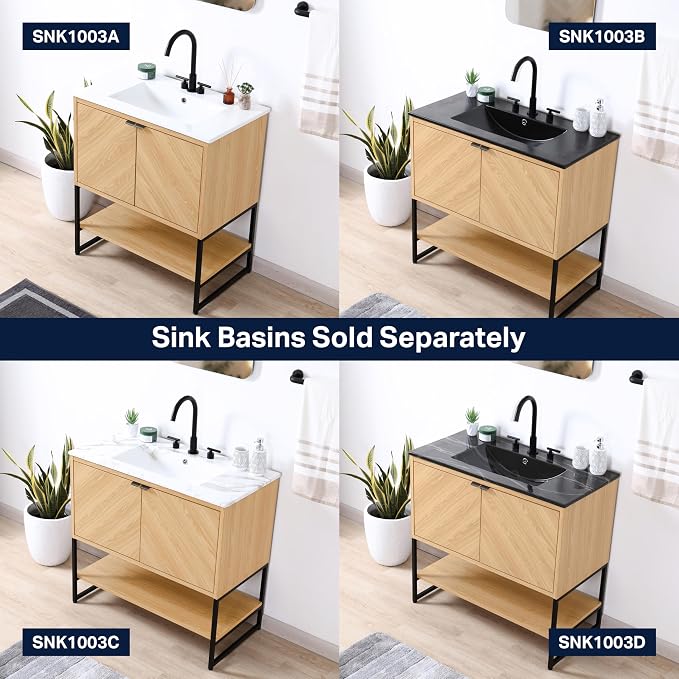 JONATHAN Y Juhl 35" Chevron Freestanding Bathroom Vanity Cabinet, Oak | Modern Minimalist Design, 18" Deep 33" Tall, 2 Soft-Close Doors, Interior And Open Shelves, Sink Not Included