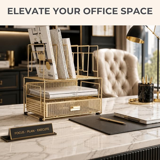 BLU MONACO | Gold Desk Organizer With Drawer | Metal Mesh File Holder & Vertical File Organizer | Desktop Storage for Office Supplies, Papers & Folders | 9.3" D x 13" W x 14" H