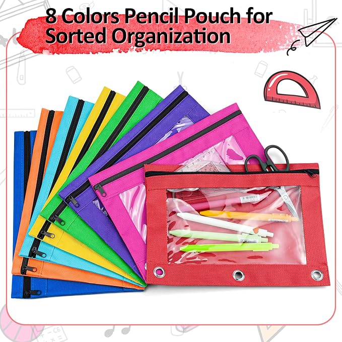 EAONE Pencil Pouch for 3 Ring Binder Set of 24, Zipper Binder Pouches Pencil Case Bulk for School Classroom Supplies/Student/Office/Home, 10 x 7.5 inch, 8 Colors