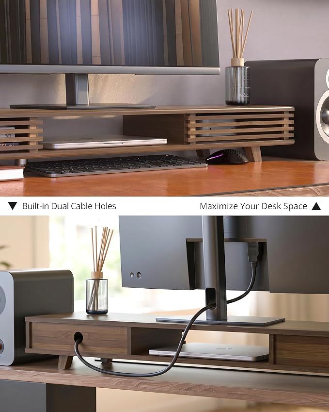 42" Dual Monitor Stand with Sliding Doors Desk Shelf Dark Bamboo | Ergonomic Relief Easy Assembly Solid Construction Cozy Workplace Computer Setup Desk Organizer High Load-bearing