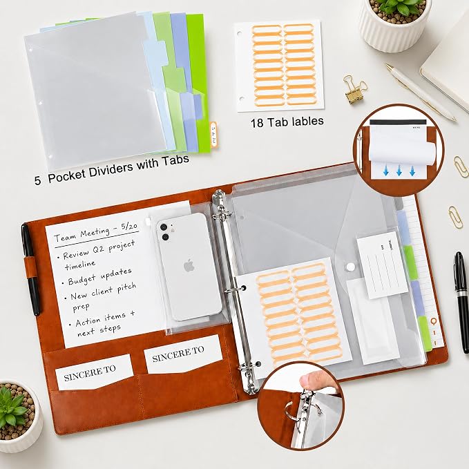 Grid Leather 3 Ring Binder 1 Inch, with Clipboard Notepad&5 Dividers with Pockets, Labels,PU Clipboards for School Office(Black,Letter Size)