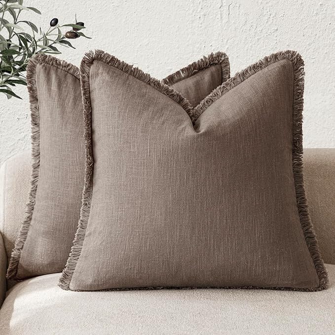 Foindtower Set of 2 Decorative Linen Fringe Throw Pillow Covers Cozy Farmhouse Cushion Cover with Tassels Accent Pillowcase for Couch Chair Sofa Bed Living Room Home Decor,16×16 Inch,Light Coffee
