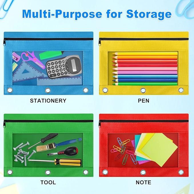 Pencil Pouch for 3 Ring Binder, 30 Pack Bulk Pencil Bags with Zipper, 6 Colored Pencil Case for Classroom School Office Supplies, Large Sturdy and Durable Cloth Pencil Pocket for 3 Holder Binder