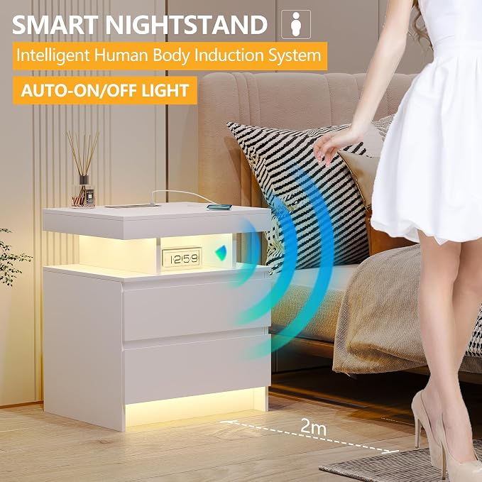 dnbss LED Nightstand with Charging Station, Smart Bedside Table, White | Modern Night Stand, Floating Desktop, 2 Drawers, 1 Compartment, Human Body Sensor, for Bedroom Living Room Office Storage