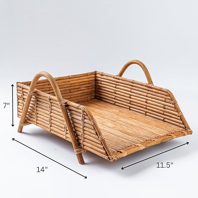 Rattan Inbox Tray for Desk, Made in Indonesia – 14x10.5x3.5 inch Handwoven Basket Organizer, Single Letter Tray with Sturdy Frame, Made in Indonesia, Decorative Wicker Paper Holder (Honey)