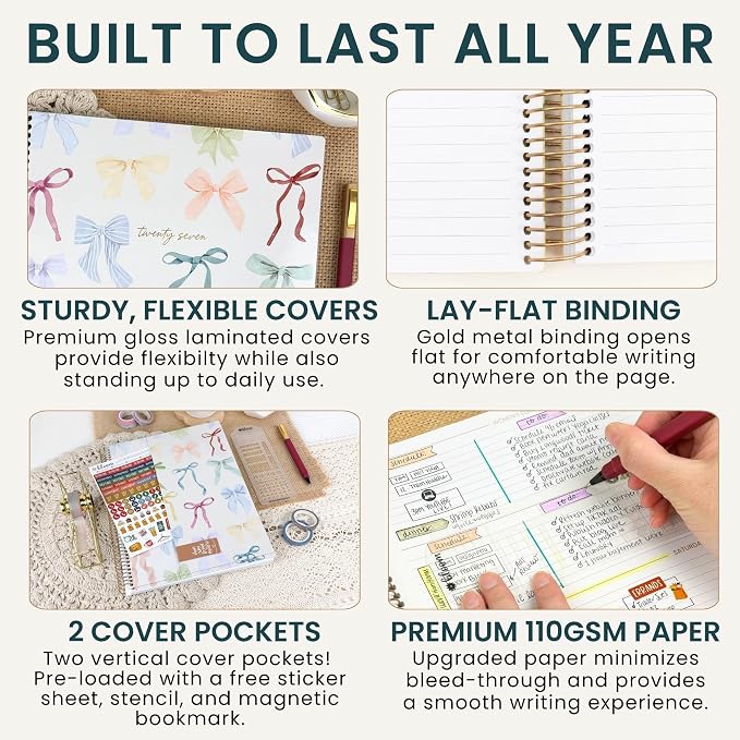 bloom daily planners 2027 Planner for Women (8.5" x 11") - Weekly & Monthly Calendar Year (January to December) Softcover Agenda Book Organizer with Stickers & Stencil - Bows