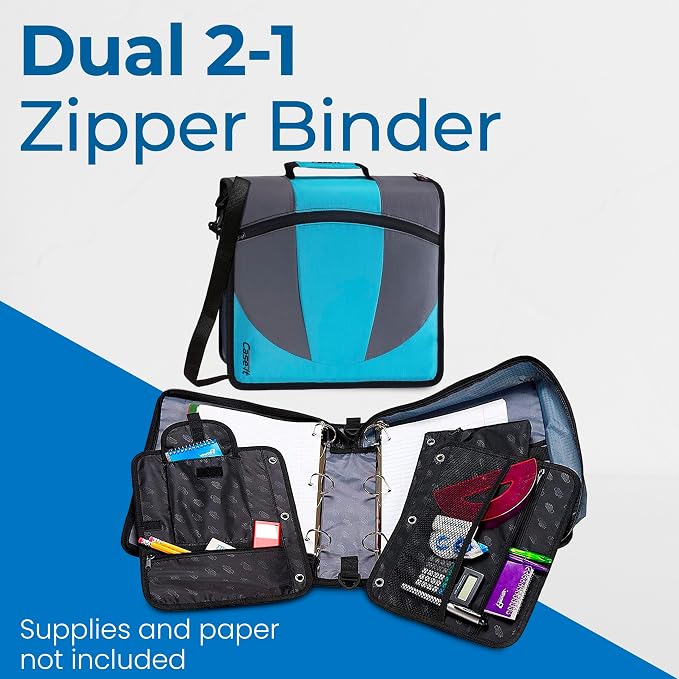 Case-it Dual Zipper Binder | Two 1.5" D-Rings | 600-Sheet | Dual-101 Teal | Dual 2-in-1, Pencil Pouch, Multiple Pockets, School & Office Organizer, Shoulder Strap