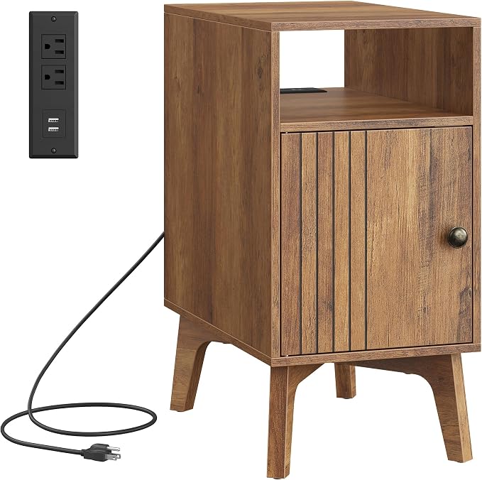 VASAGLE End Table with Charging Station, Narrow Side Table, Nightstand | Tapered Legs, Curved Transitions, for Small Spaces, Living Room, Bedroom, Honey Brown, MAEZO Collection ULET329K101S