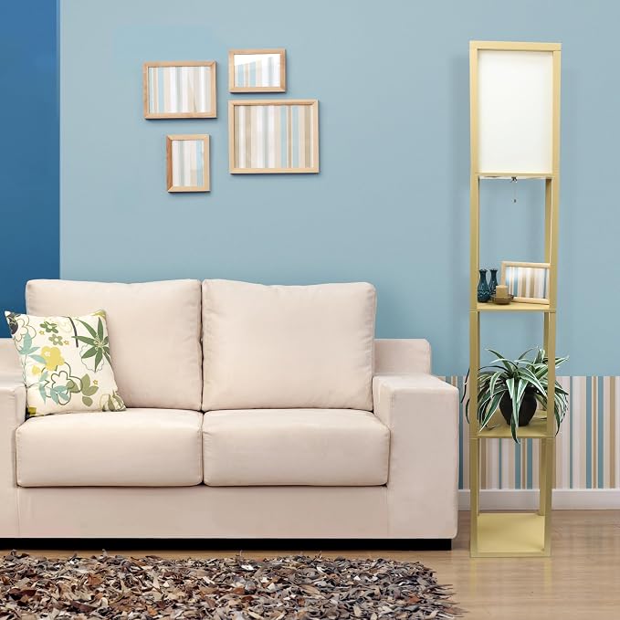 Simple Designs LF1014-TAN Etagere Organizer Storage Shelf Linen Shade Floor Lamp, Tan