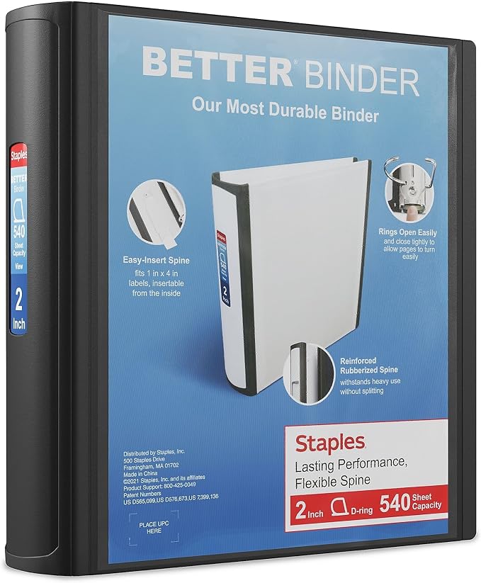 Staples Better Binder, 2-Inch 3-Ring View, Black, 2-Pack | Durable binder for everyday school and office document storage.