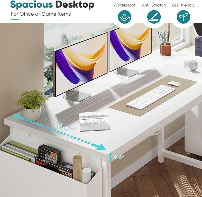 OLIXIS Computer Desk, 55 Inch Gaming Desks for Home Office Small Spaces | Writing Study Craft Work Table, Computer Workstation for Bedroom with Storage Bag, All White