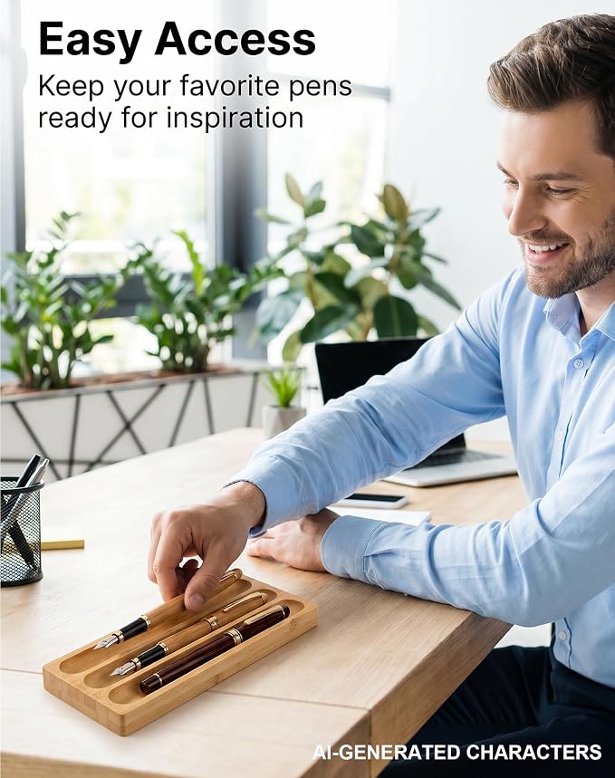 Natural Bamboo 3 Slot Pen Tray, Wooden Pen Holder Desk Organizer for Fountain Pens, Markers, Makeup Brushes, Minimalist Office Desk Storage Tray