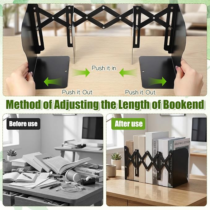 2 Pcs Adjustable Bookends, 2 Dividers, Metal Book Ends | for Heavy Books Anti-Slip Book Organizer for Desk Shelves Office, Extends up to 19 inch (Black)