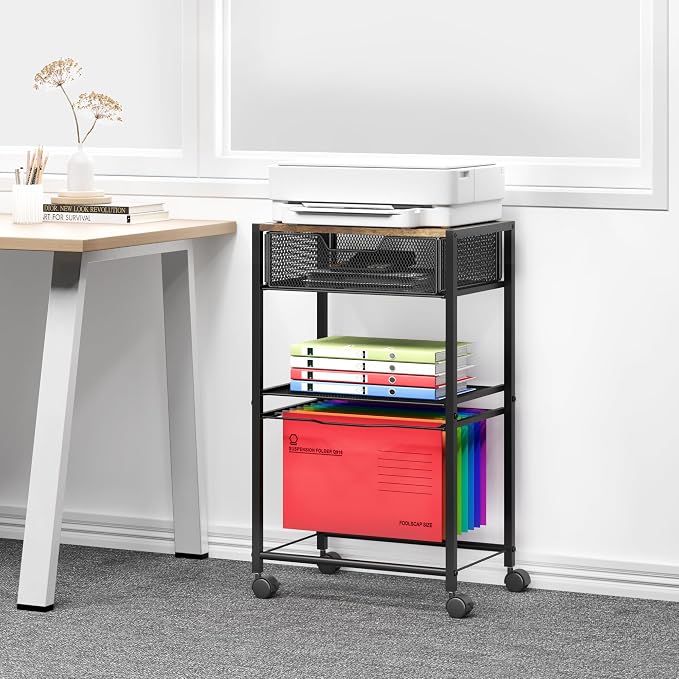 Cawukege 3 Tier Printer Stand, Small Mobile Table with Wheels, Printer Shelf Rolling Cart with Storage Desk Organizer Hanging File for Office Home, Brown