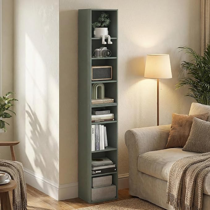 Furinno PASIR Book Shelf, 8-Tier Bookshelf, Bookcase with Open Shelf, 9.3 x 11.8 x 70.9, for Living Room, Bedroom, Home Office, Sage Green
