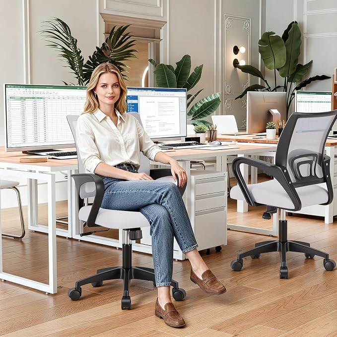BestOffice Ergonomic Office Chair | Mid-Back Swivel Desk Chair | White | with Lumbar Support, Adjustable Height & Breathable Backrest | Sponge Seat & Rolling Wheels | for Home, Office | Pack of 1