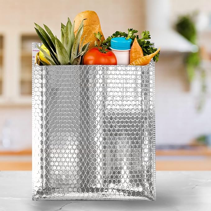 Amiff Silver Thermal Bubble Mailer, 12 x 17 Inches. 50 Pack Metallic Bubble Mailers. Self-Seal Insulated Mailers for Cold Shipping. Padded Envelopes Waterproof. Thermal Bag for Food, Cosmetics
