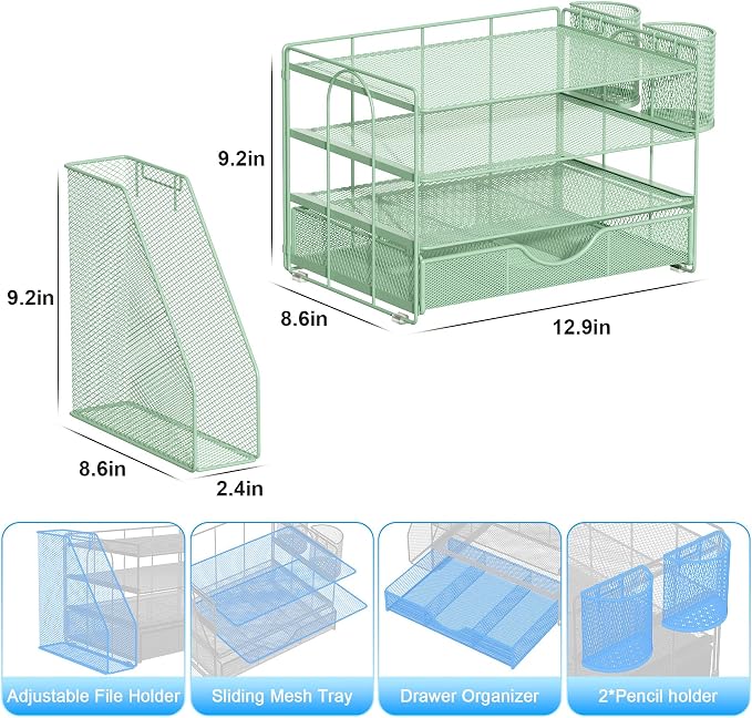gianotter 4-Tier Desk Organizer with Drawers, File Holders, Letter Trays and Pen Holders - Workspace Accessories for Office Supplies (Sage Green)