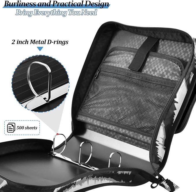 Fisyme White Tigers Print Zipper Binder 3 Ring with Zipper and Shoulder Strap Large Capacity Multi-Pocket Binder Organizer
