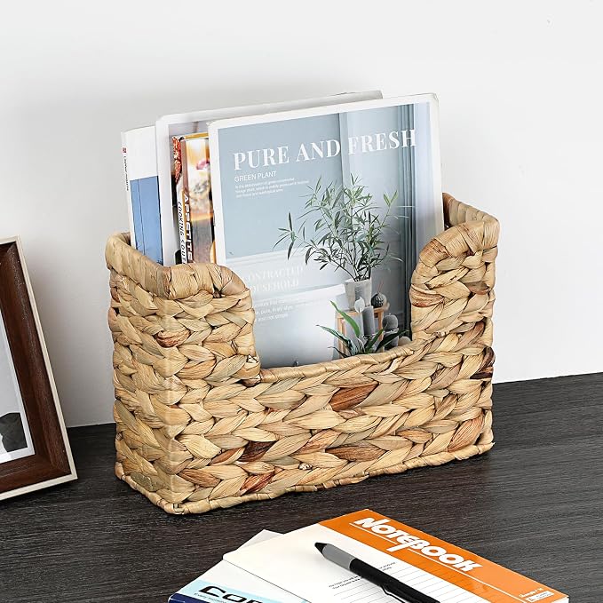 BTSKY Woven Magazine Holder, Hanging Water Hyacinth Mail Baskets for Wall | Wall Mounted Mail Organizer for Magazines, Files, Books, Magazine Rack Hanging Basket for Home & Office - 11.8x4.3x7.9 Inch