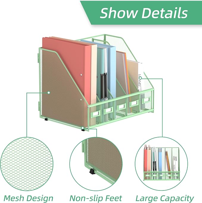 Desk Organizers Metal Desk Magazine File Holder with 5 Vertical Compartments Rack File Organizer for Office Desktop, Classroom, Home Workspace, Green