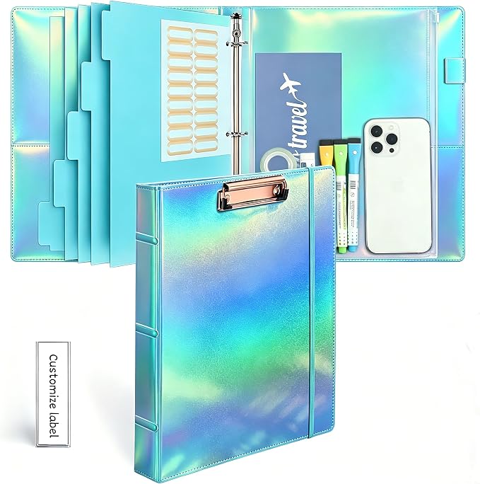 3-Ring Binder 1-inch with Clipboard, Holographic Blue Glitter Design, Including 5 Divider Pages, File Bag and Spine Label - Perfect for Schools, Offices and Organizations