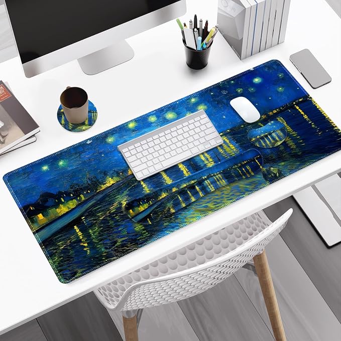 Large Gaming Mouse Pad Set, 4 in 1 Ergonomics Keyboard Desk Mat Memory Foam Wrist Rest, Computer Extended Game Mousepad, Non-Slip Desk Matt Easy Typing Pain Relief I Starry Night Over The Rhone