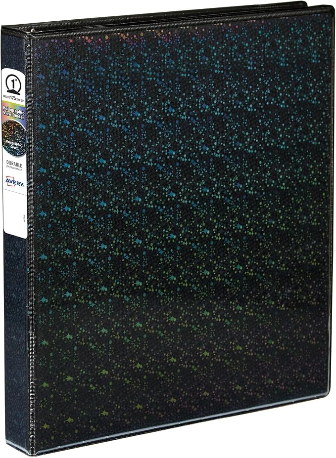 Avery® Holographic 3 Ring Binder, 1" Round Rings, 1 Black Binder | For School, Home and Project Organization, 3D Rainbow Holographic Cover, Customizable View Cover and Spine, Clear Pockets