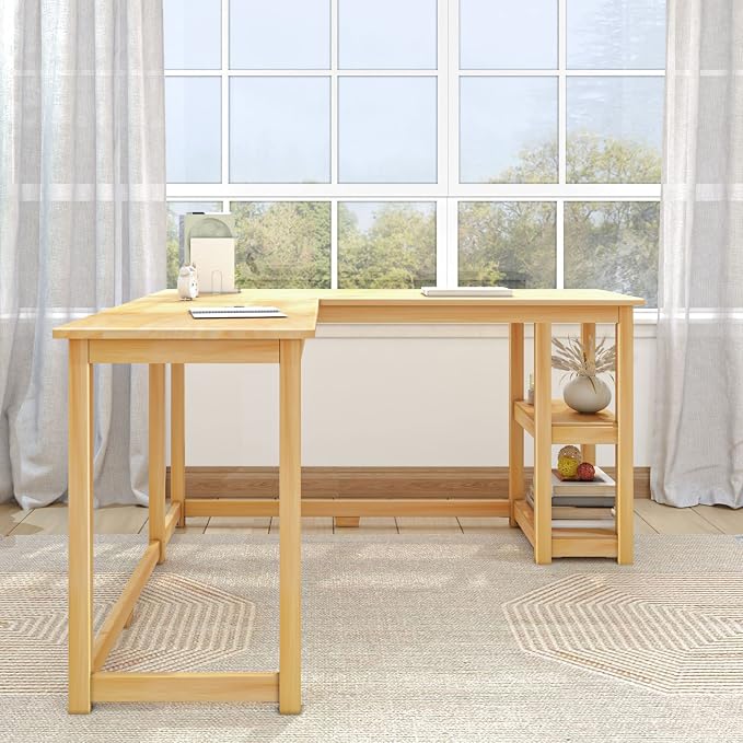 Plank+Beam Solid Wood Corner Desk with Shelves, L-Shaped Desk for Bedroom, Home Office Study Desk, 55.25 Inch | Wooden Corner Desk with Shelves, Non-Toxic Finishes, Large Desk Space, Engineered Wood, Matching Style, Solid Wood