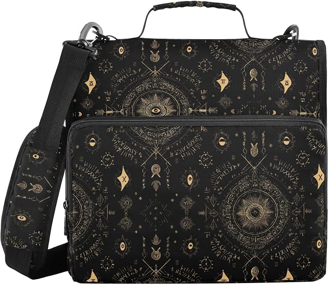 Boho Black Pattern 3 Ring Zipper Binder with Shoulder Strap & Handle 1.5 Inch D-Ring Zippered Bag with Pencil Pouch,Multiple Pocket & Expanding File Folder, Binder Organizer for School or Office