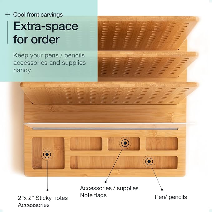 Bamboo Wood Desk Organizer: 3-Tier File Holder, Mail Organizer, Non-Slip Design, Effortless Assembly, Perfect for Desk System