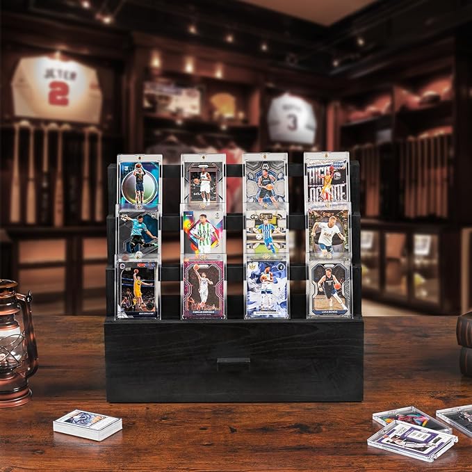 Emfogo Trading Card Display, 3-Tier Card Display Case with Custom Drawer, Wood Graded Card Display with Supporters and Dividers, Sports Card Display Case for Collection (Black)