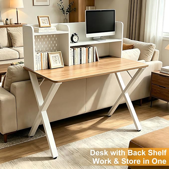 Lightdot 44"×24" White Computer Desk with Motion Sensor Light, Home Office Gaming Desk with Charging Station Pegboard, Modern Study Desk for Work Bedroom Game Kids Room Living Room