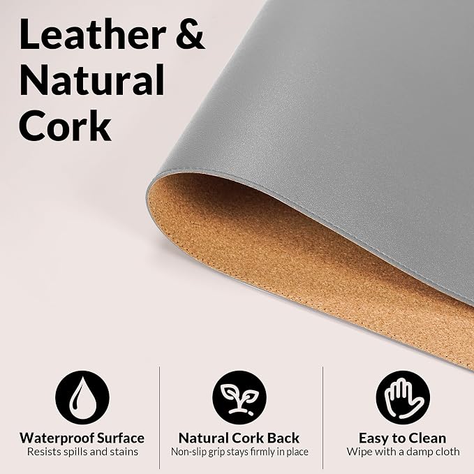 AFIING Cork Desk Mat, 35.4" x 17", Light Grey,Desk pad Protector | Dual-Sided Cork & PU Leather, Large Mouse Pad, Non-Slip & Waterproof