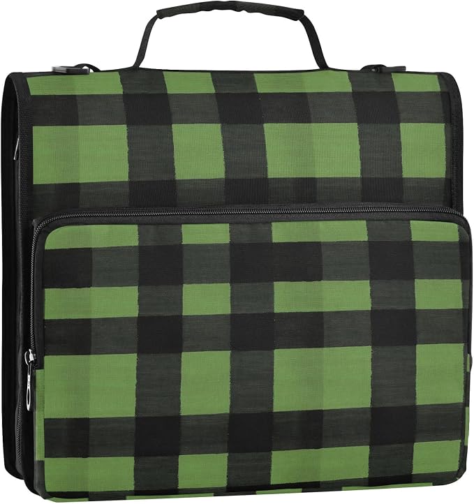 ALAZA Green Black Plaid Zipper Binder 1.5 inch 3 Ring Binder Organizer with Shoulder Strap and Handle for Home Office Work