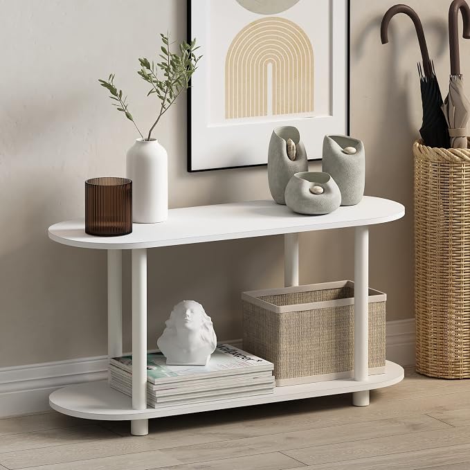 Furinno Turn-N-Tube No Tools Modern Oval Side Table, White/Virgin White | Rounded Edges, Wide Book Shelf, Open Frame Storage Shelves, for Organization, Living Room, Home Office,