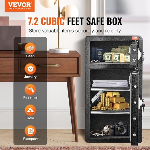 VEVOR Double Doors 7.2 cu.ft Safe Box with Key Lock & Password, Safe Lock Box with Fireproof Bag, Key Rack, LED Light and 2 Height Adjustable and Removable Divider for Money, Documents, Jewelry and Va