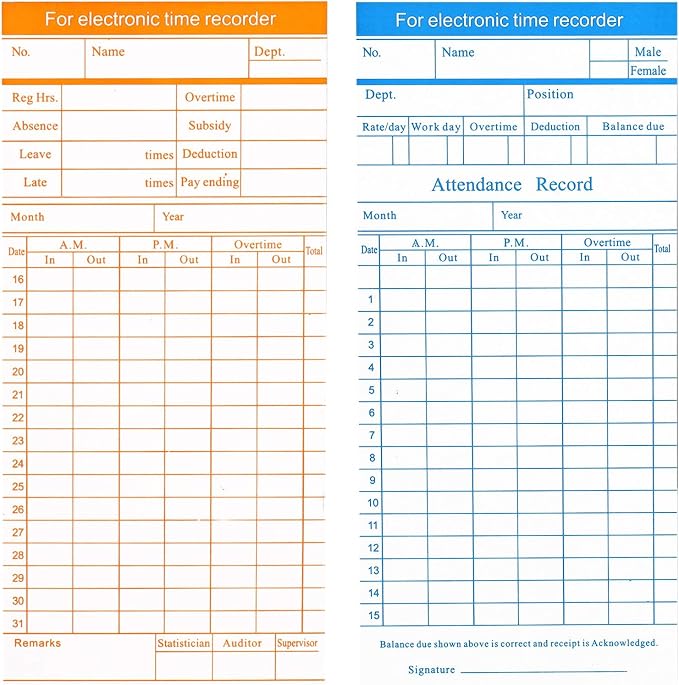 Flexzion Time Cards, Monthly Timesheet, Clock Timecard - 270 Pack, 6 Column 2-Sided Orange/Blue, Card for Time Punch Clock, Employee Attendance, Payroll Recorder, Small Business