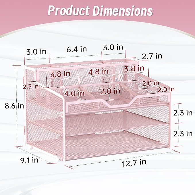 3 Tier Mesh Paper Desk Organizer with Pen Holders, Pink | Features 3 pen holders, and 5 adjustable compartments for office school home desk storage