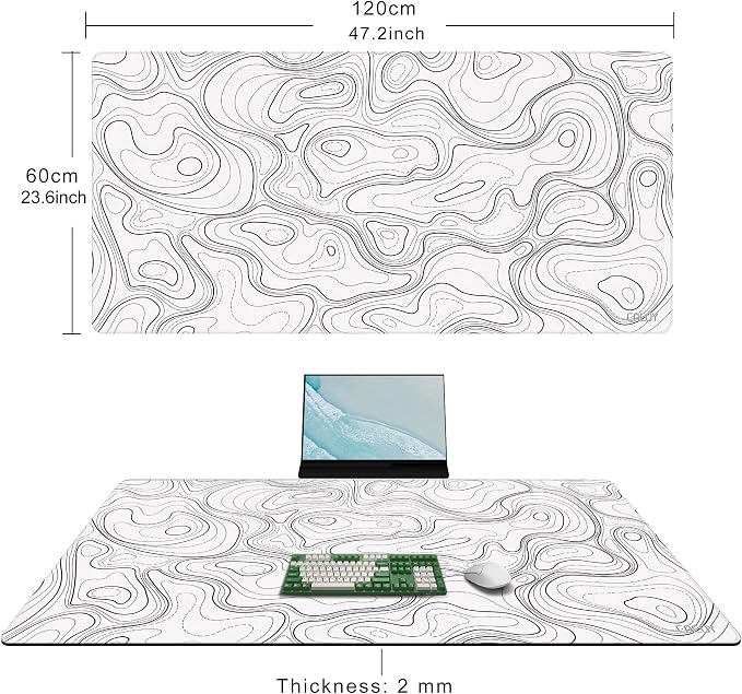 Cacoy 48"x24" White Topographic Large Gaming Mouse Pad Extended PC Desk Mat | Extra Large Computer Mouse Mat with Stitched Edges, Minimalist Contour Line Non-Slip Rubber Base Desk Pad Office Accessories