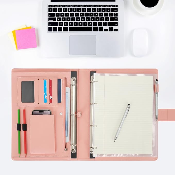 Wonderpool A4 PU Leather Ring Holder Writing Portfolio Multi Document Case with Removable Binder Clipboard and Functional Pocket for Organizer Office Travel School (Pink)