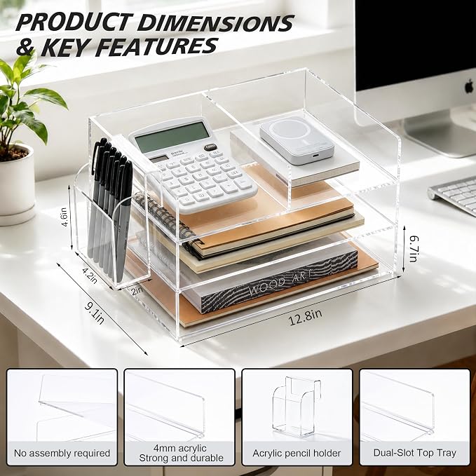 3-Tier Paper Tray Organizer & Pen Holder - Stackable Acrylic Desk Organizer | clear document sorter, vertical file holders, letter storage, workspace accessories, home, office, school, teachers, students