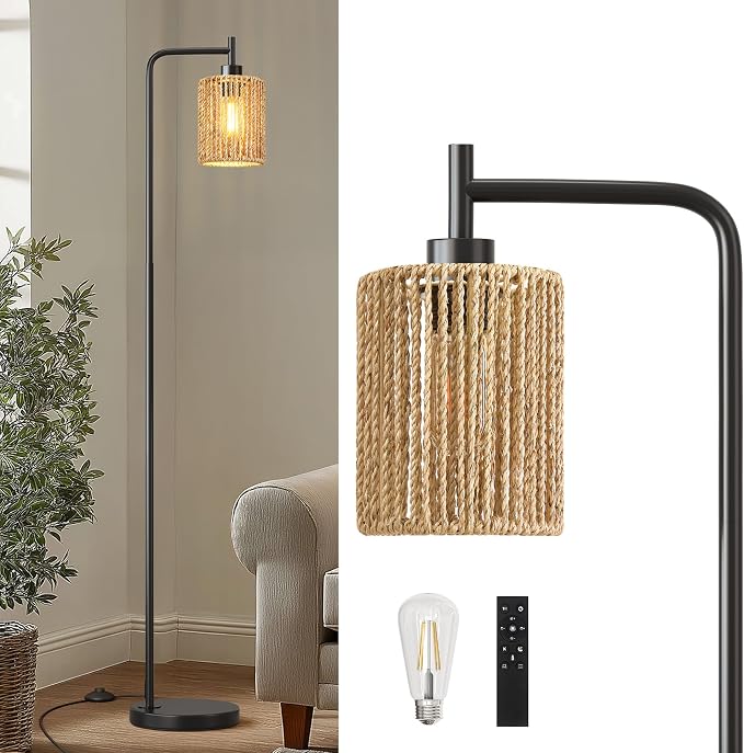 66" Black Floor Lamp for Living Room, Boho Floor Lamp with Remote Control and LED Bulb, Rattan Shade, Industrial Tall Farmhouse Standing Lamp for Bedroom, Dining Room, Study Room, Office