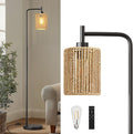 66" Black Floor Lamp for Living Room, Boho Floor Lamp with Remote Control and LED Bulb, Rattan Shade, Industrial Tall Farmhouse Standing Lamp for Bedroom, Dining Room, Study Room, Office