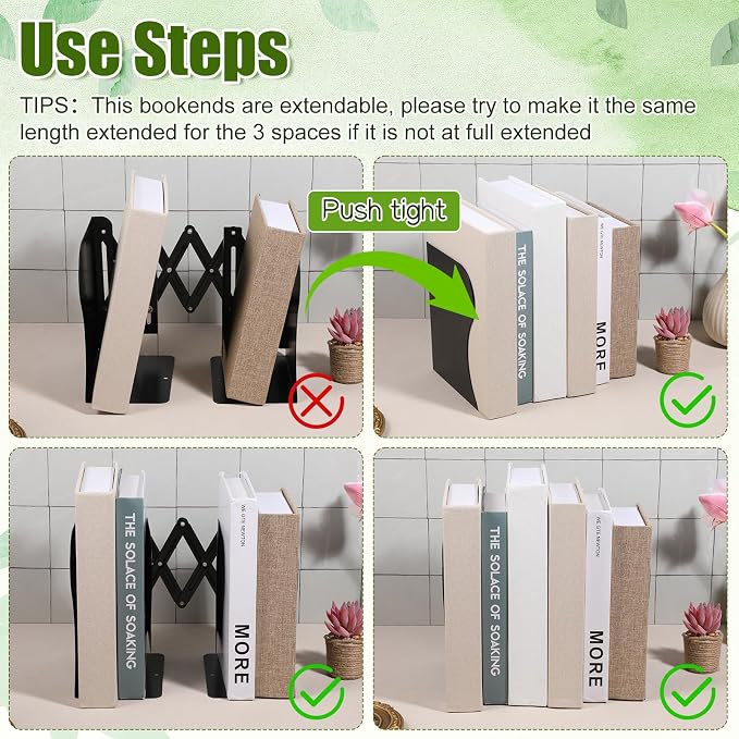 2 Pcs Adjustable Bookends, 2 Dividers, Metal Book Ends | for Heavy Books Anti-Slip Book Organizer for Desk Shelves Office, Extends up to 19 inch (Black)