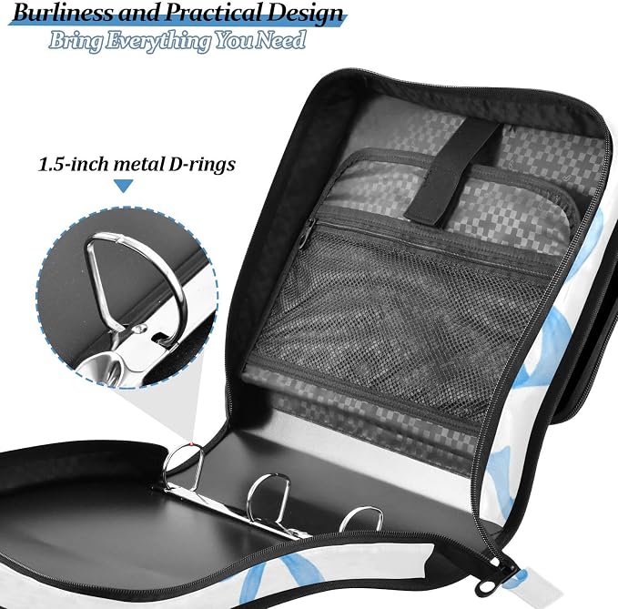 3 D-Ring Zipper Binder Bag, Blue Ribbon Bow Dots Pattern Removable Binder with Zipper Case Hold 300+ Sheets& 13 Inch Laptop for School Office Supplies Organizer