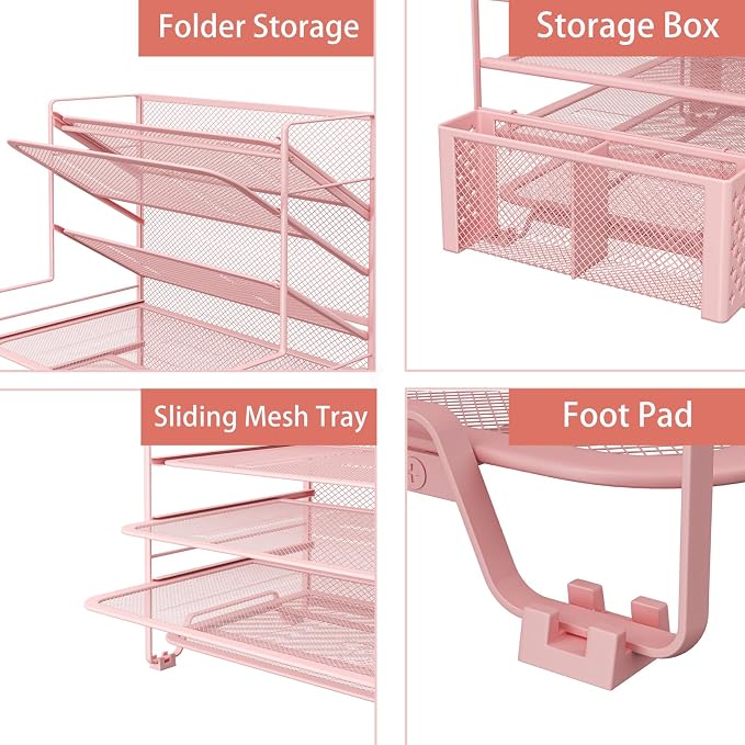 Simple Trending 7 Tier Desk File Organizer, Letter Tray Paper Organizer with Pen Holder and Metal Hanging Basket, Pink