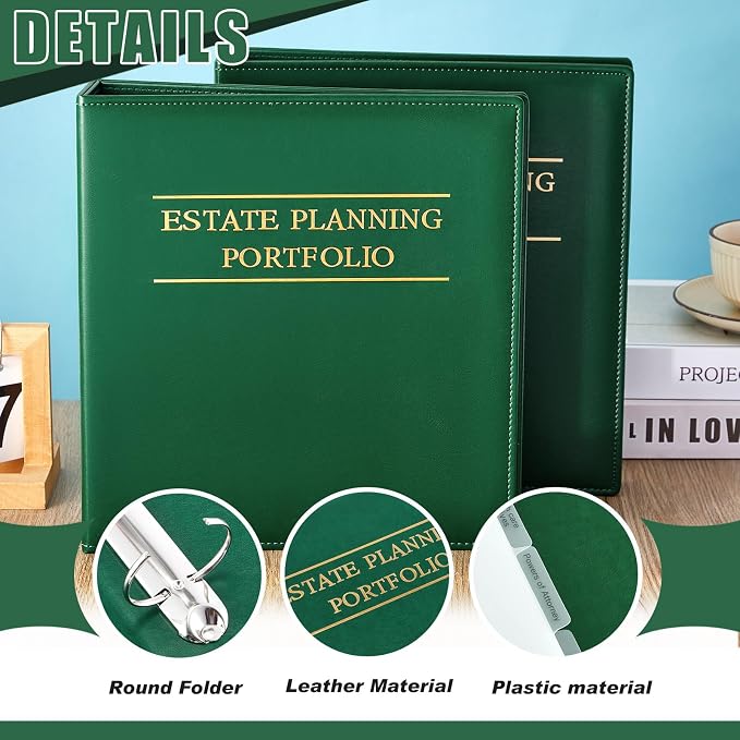 Dunzoom 10 Pcs Estate Planning Portfolio Binder PU Leather 3 Ring Binders with Gold Title and Index Tab Dividers, 11'' x 11.8'' x 2.4'' Estate Planning Organizer (Green)