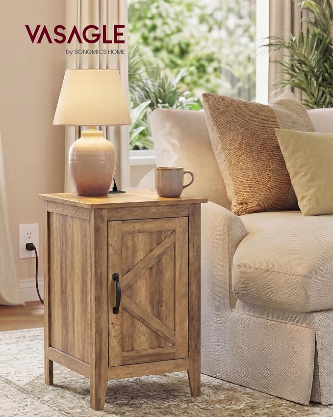 VASAGLE Side Table with Charging Station and Storage Cabinet, Nightstand | Farmhouse Narrow End Bedside Table for Living Room Bedroom Office, Warm Brown, LIRY Collection ULET131K101S