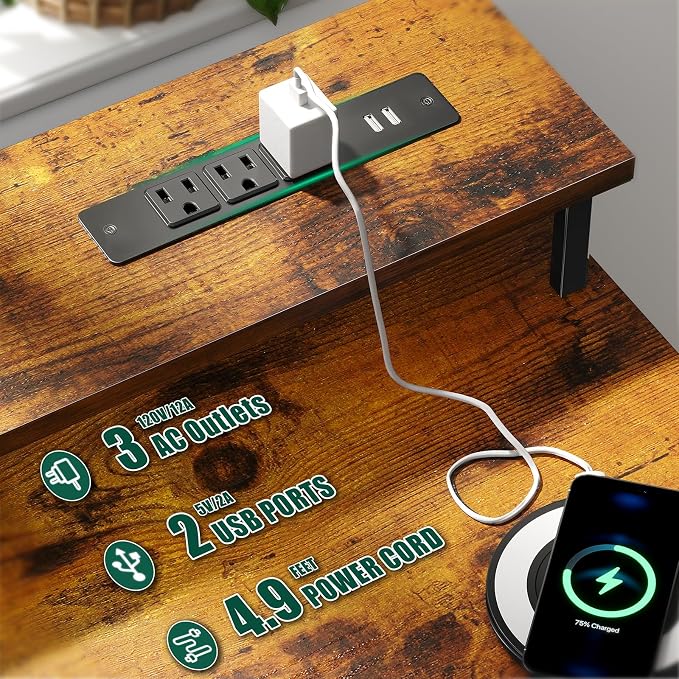 Korfile 47 Inch Computer Desk with Power Outlets,LED,5 Drawers,Rustic Brown | For gaming and working,built-in power outlets and LED lights, 5 fabric storage drawers, 47-inch, monitor stand,, rustic brown